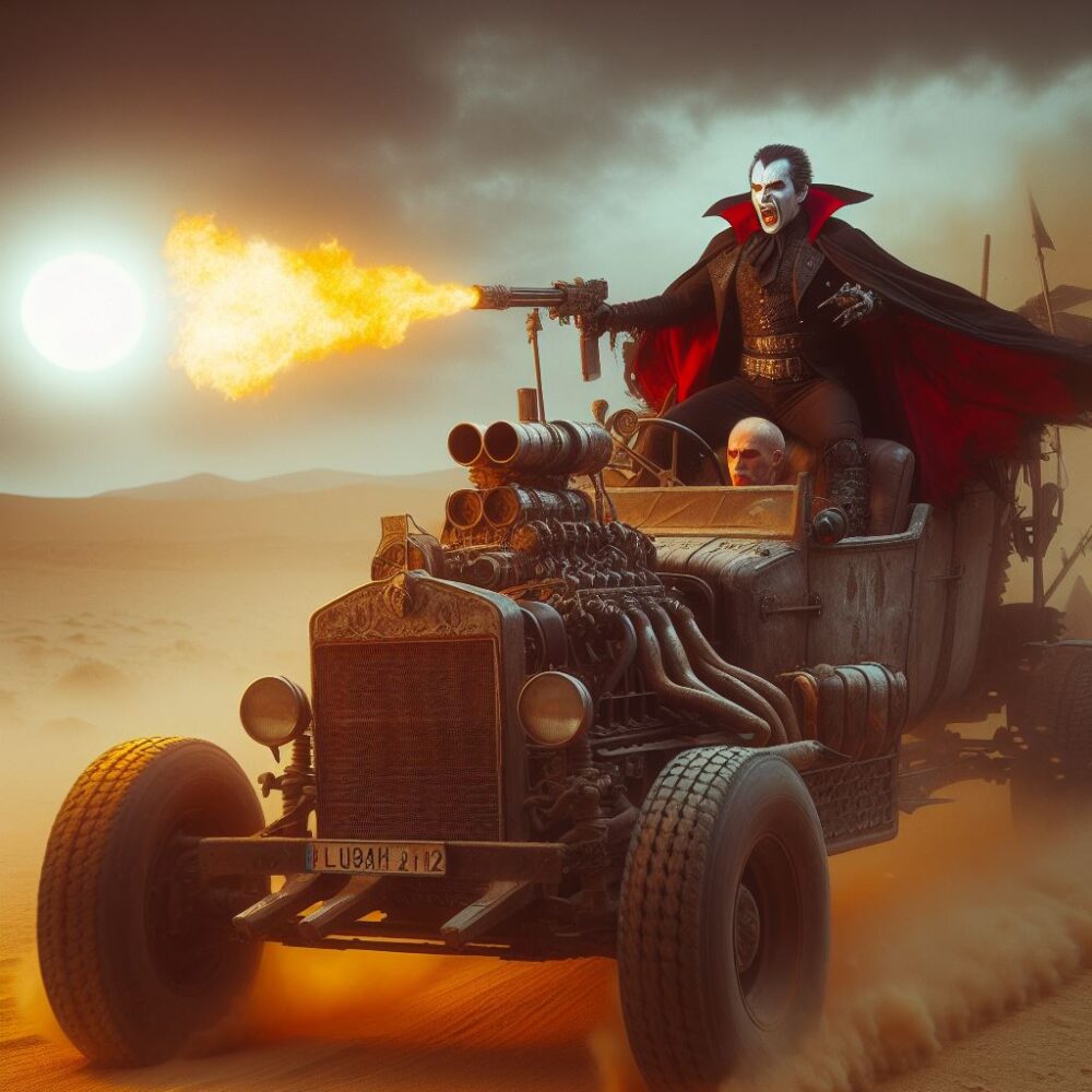 Mad max: Vampire Road,  car desert fire flame gun mad throne wasteland