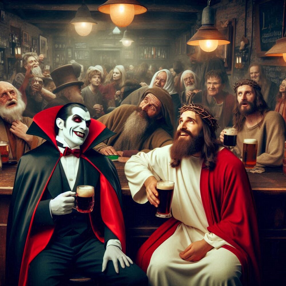 Dracula and his friend,  beer friendship Jesus pub