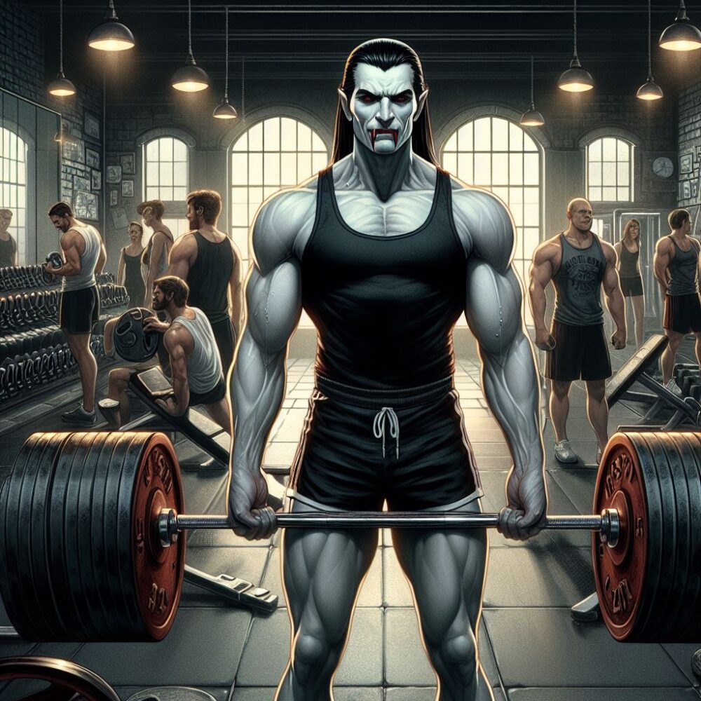 Dracula exercising in gym,  body dracula gym lifting strong