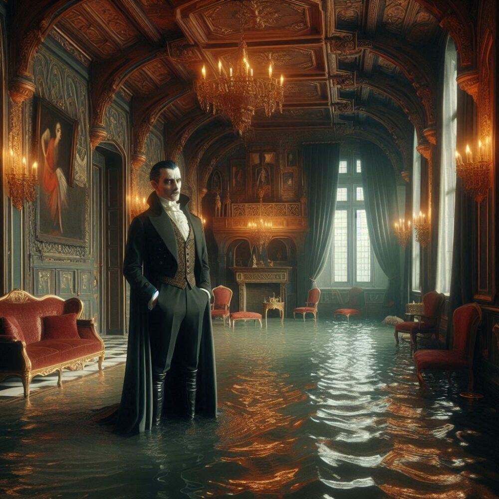 Flooded castle,  castle flood flooded hall sad water