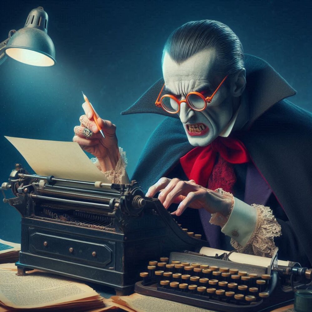 Dracula’s Novel,  desk novel typewriter vampire