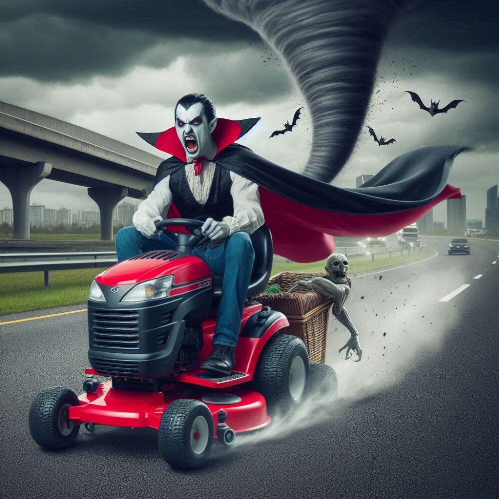 Dracula’s Twisted Turf Trouble,  disaster lawnmower tornado