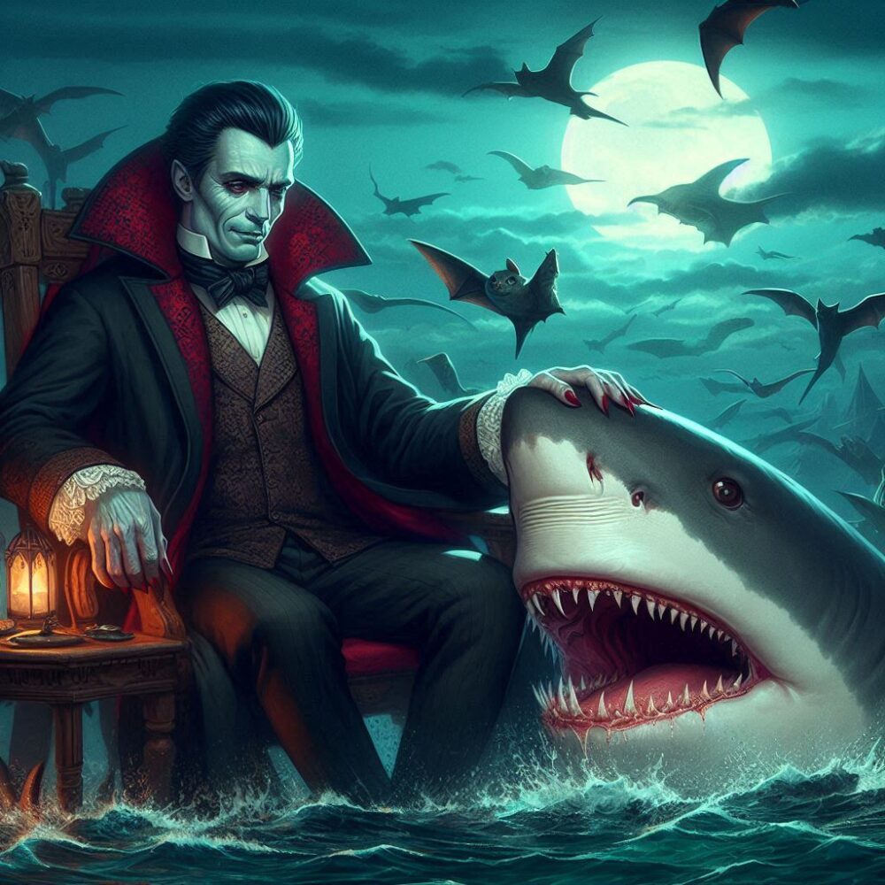 Dracula petting a new friend,  pet shark