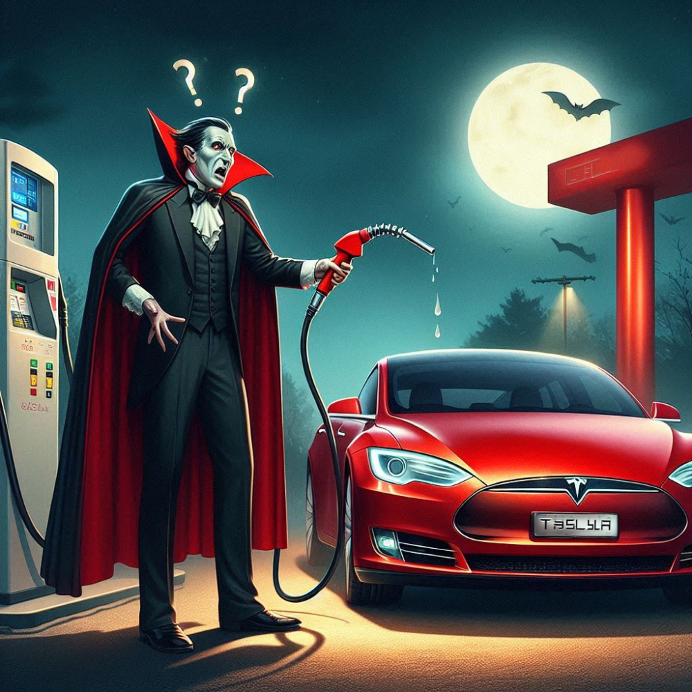 Modern times,  car confused electric gas gasoline tesla