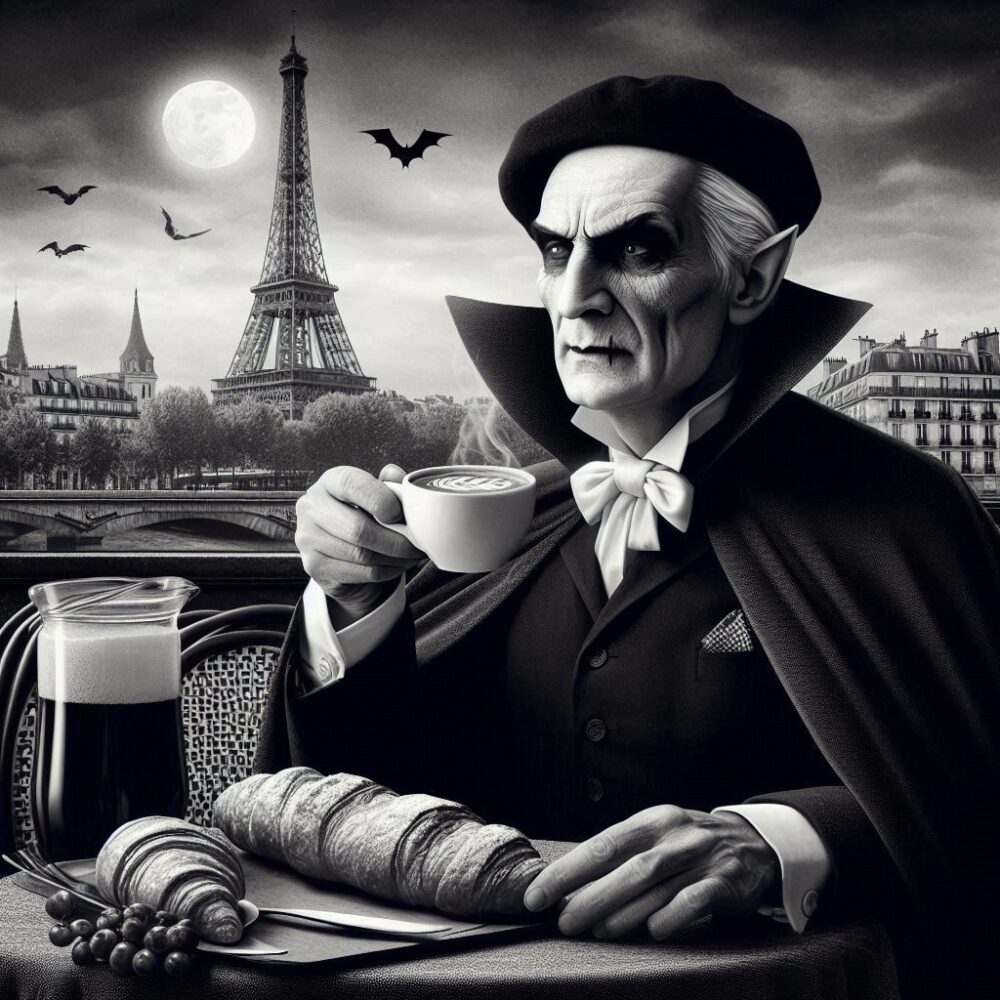 Dracula’s French Escape,  baguette cafe croissant french paris