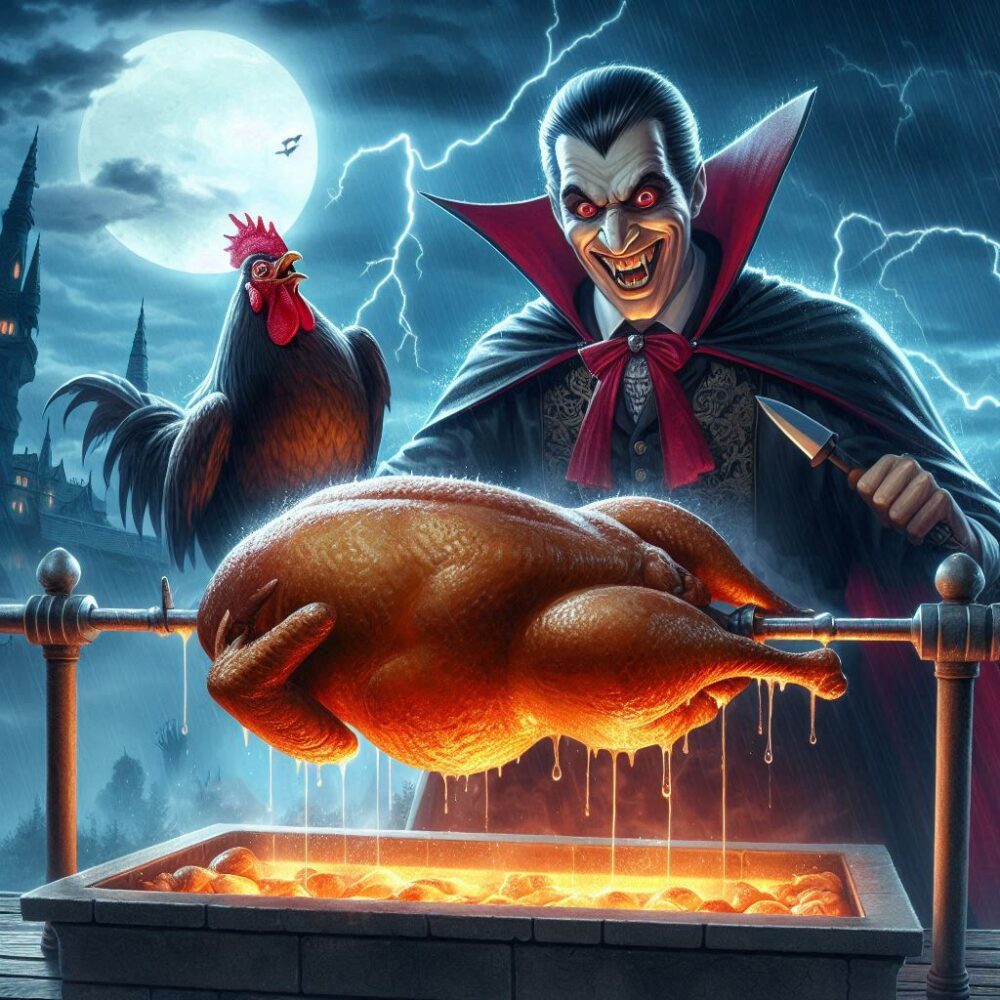 Dracula’s Sinister Feast,  chicken cooking lightning moon night rooster