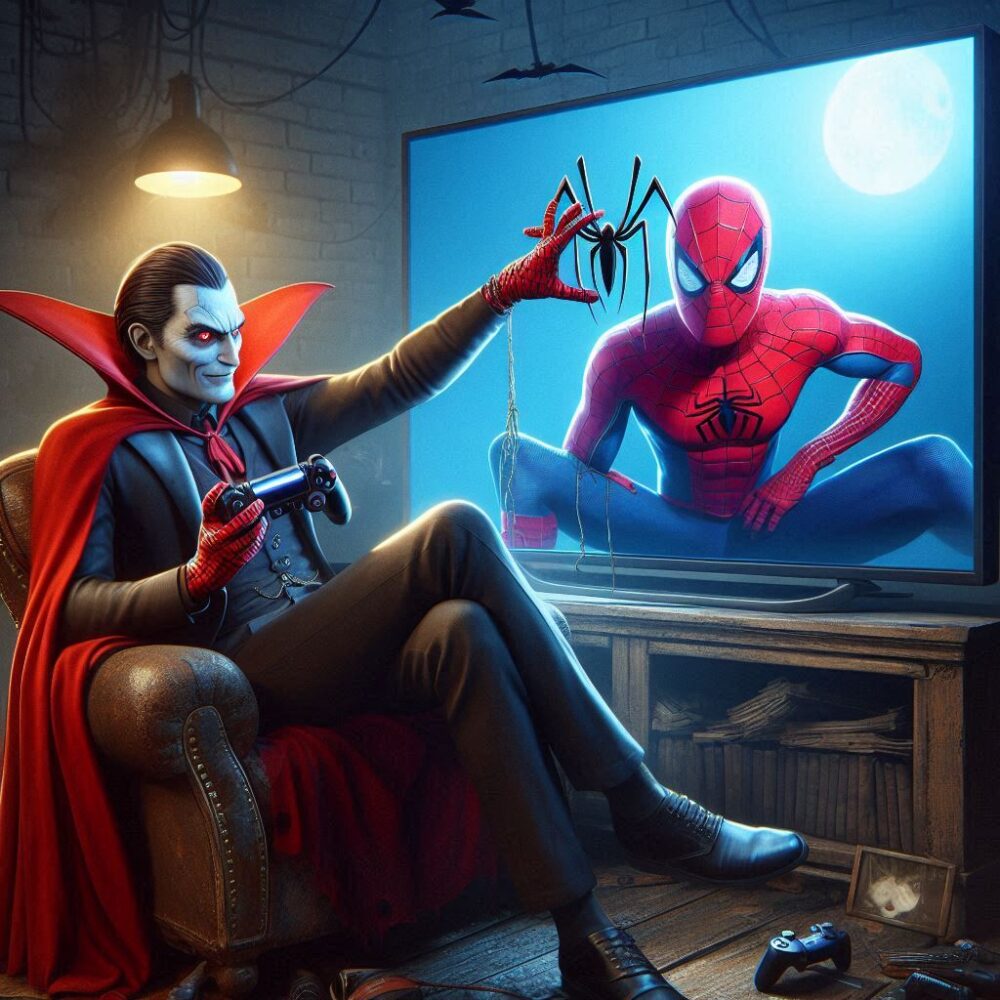 Dracula’s gamer evening,  dracula gamer spiderman