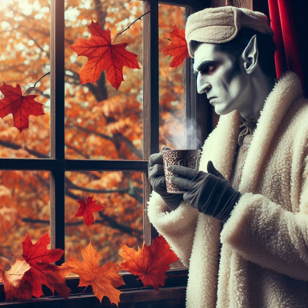 Dracula’s Cozy Autumn Morning,  autumnvibes cozyvibes fallaesthetic hottea vampirelife