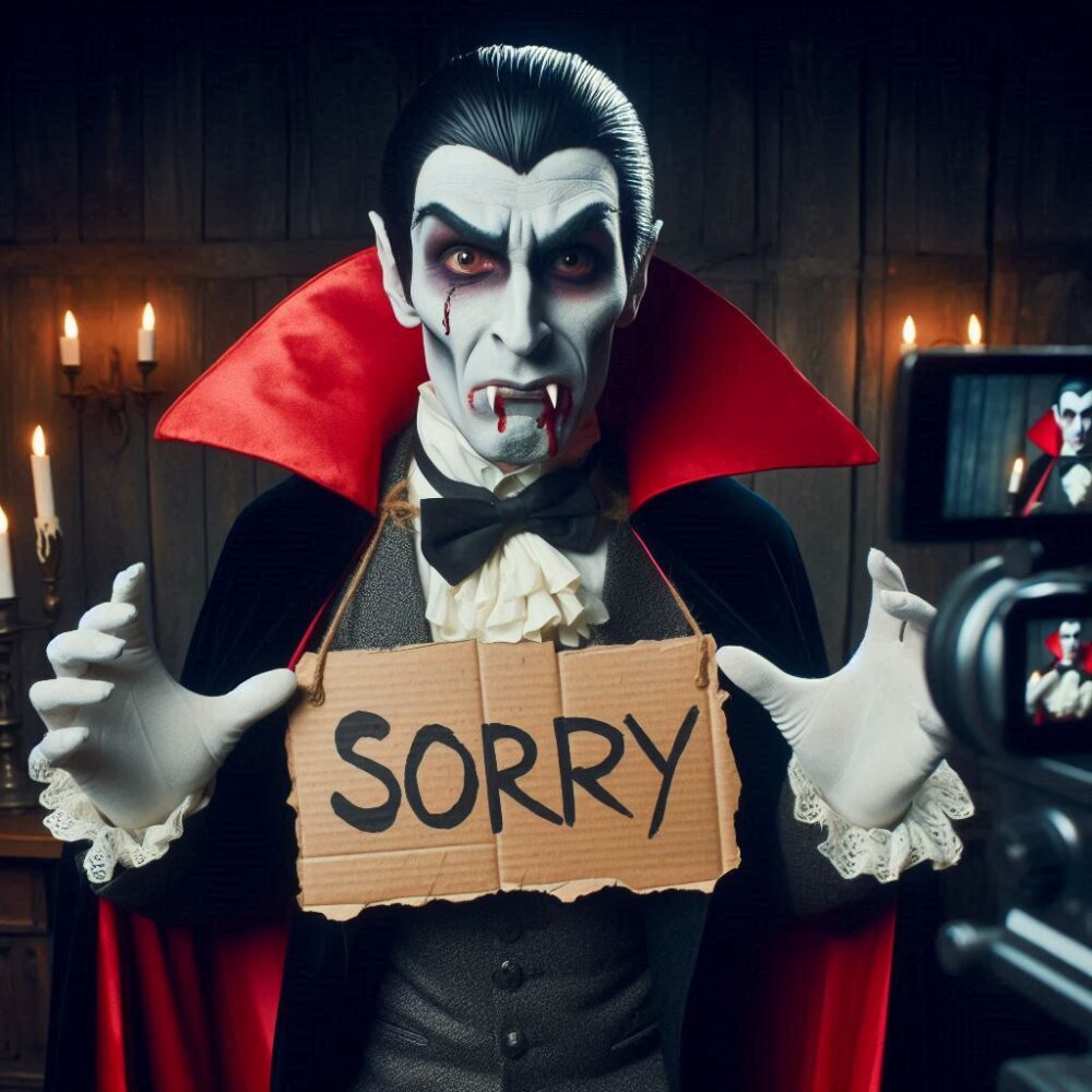 Dracula’s Public Apology,  apologyvideo bloggingstruggles sorrynotsorry undeadtech vampireinfluencer